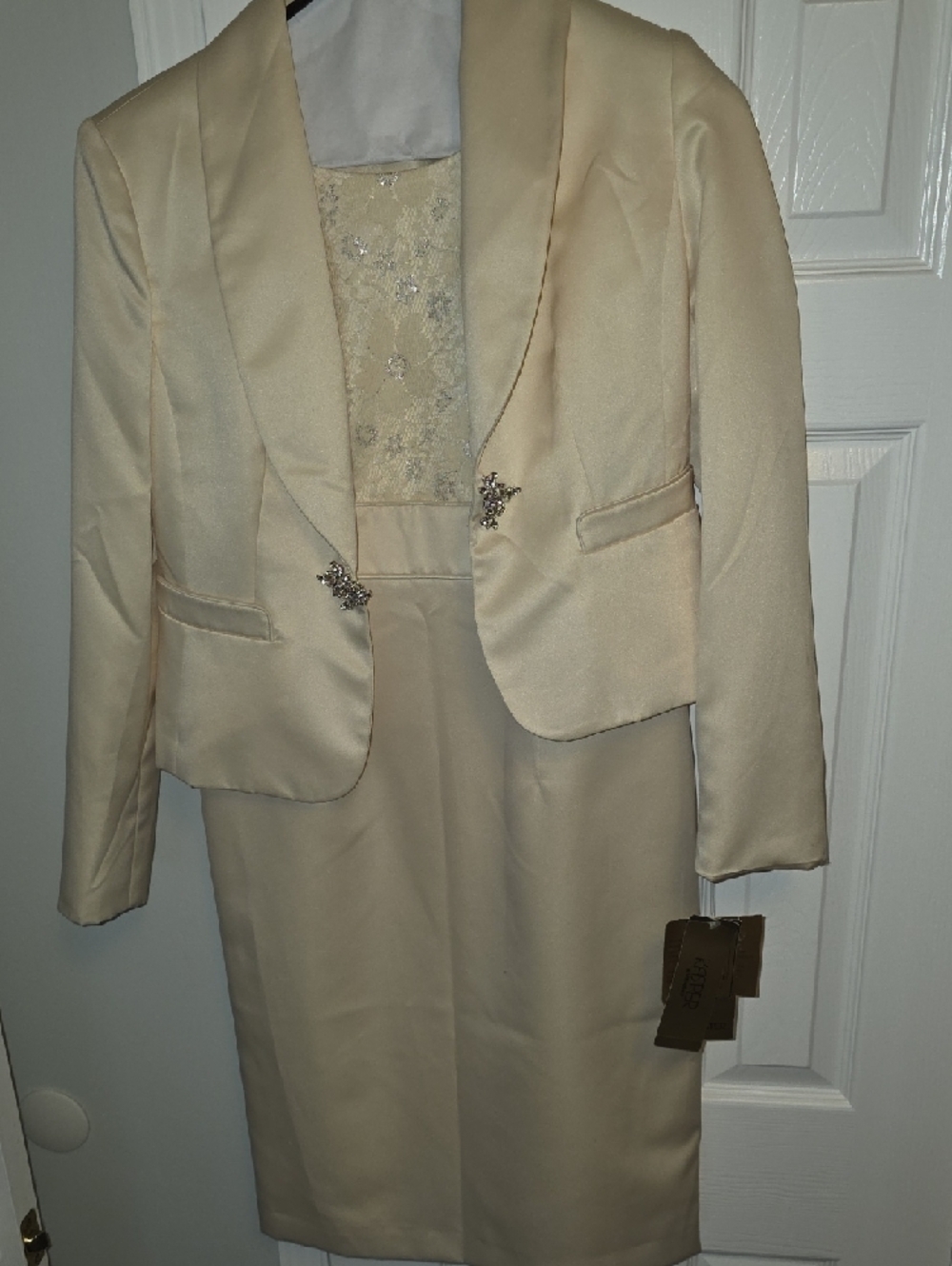 Kasper Cream Satin Two-Piece Dress with Jeweled Jacket - Picture 4 of 9